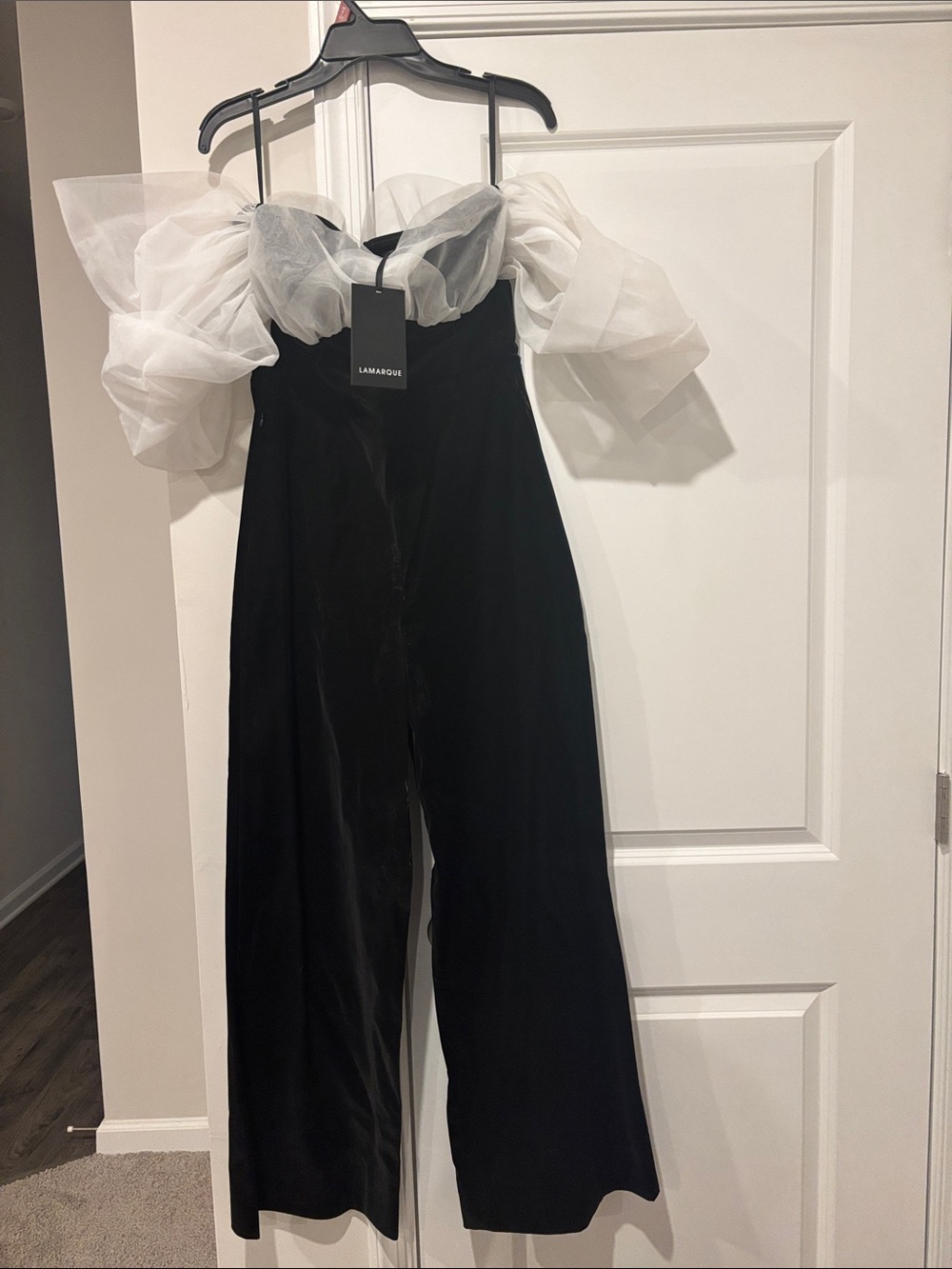 Lamarque Black Jumpsuit with White Organza Puff Sleeves
